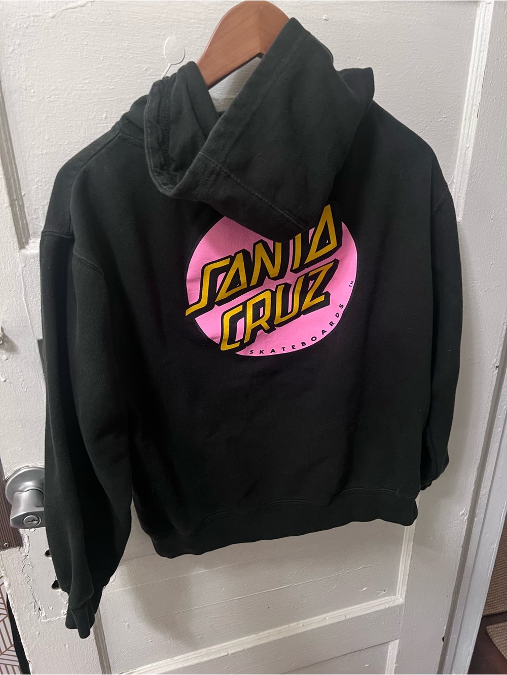 Santa Cruz Skateboards Black Hoodie with Pink Logo and White Stripes - Picture 2 of 3